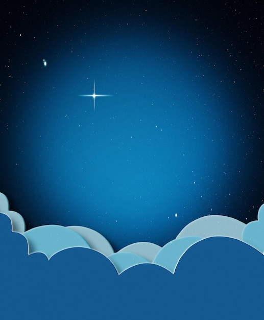 Ilustración digital de dibujos animados y nubes en el cielo para la naturaleza fantasía y paz con estrellas en la noche oscura o galaxia atmósfera ligera y espacio aéreo con dibujo gráfico para la creatividad de ensueño y la calma
