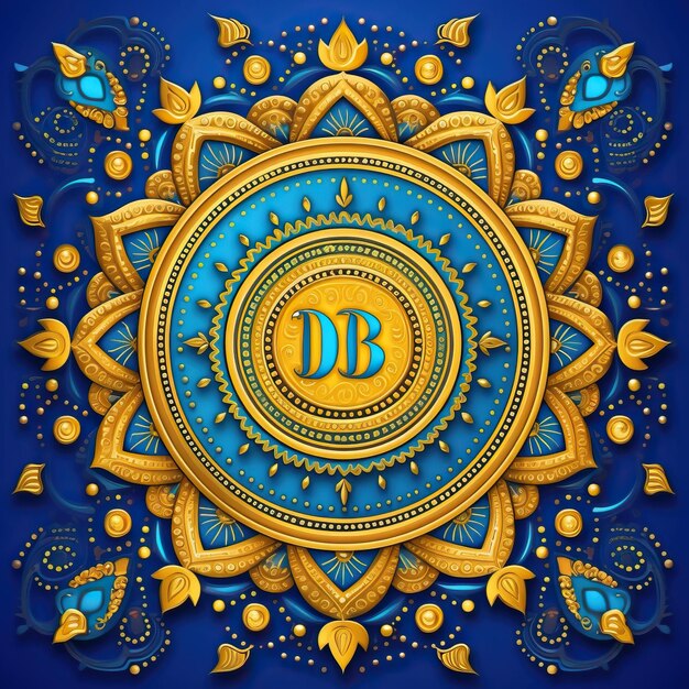 una ilustración digital de un diseño floral azul y amarillo con la palabra d en él