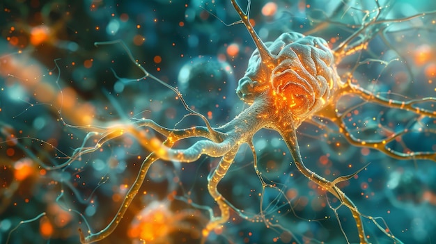 Ilustración digital de disparo de neuronas activas dentro de una red neuronal que simula la actividad cerebral
