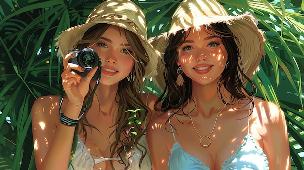 En esta ilustración digital dos chicas amigas se están divirtiendo en verano mientras toman fotos en diferentes posturas y experimentan emociones de alegría