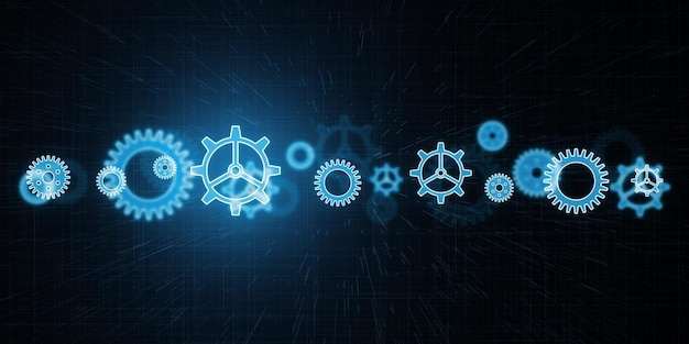 Una ilustración digital de engranajes azules brillantes en un fondo de patrón de circuito oscuro que transmite un concepto de tecnología e innovación Renderización 3D