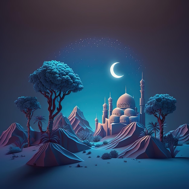 Una ilustración digital de una escena del desierto con una luna creciente y una mezquita