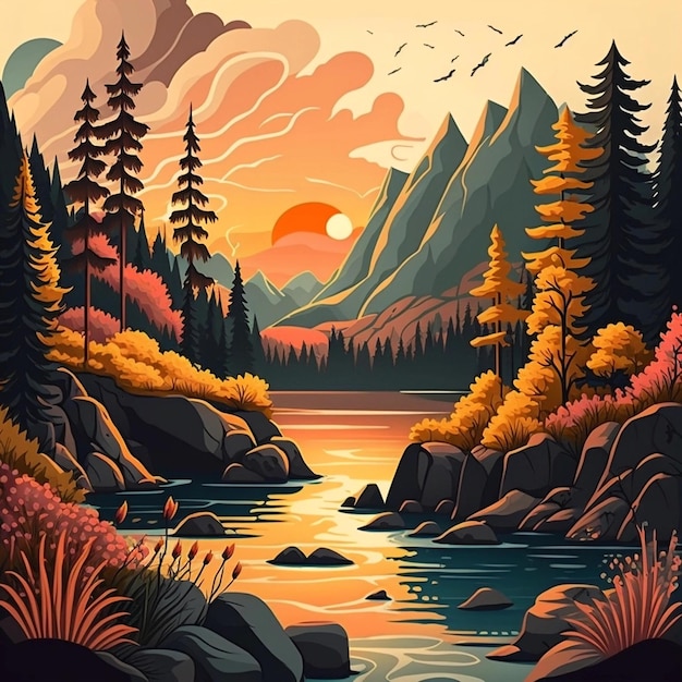 Una ilustración digital para una escena de montaña con un río y árboles Los dibujos animados se parecen