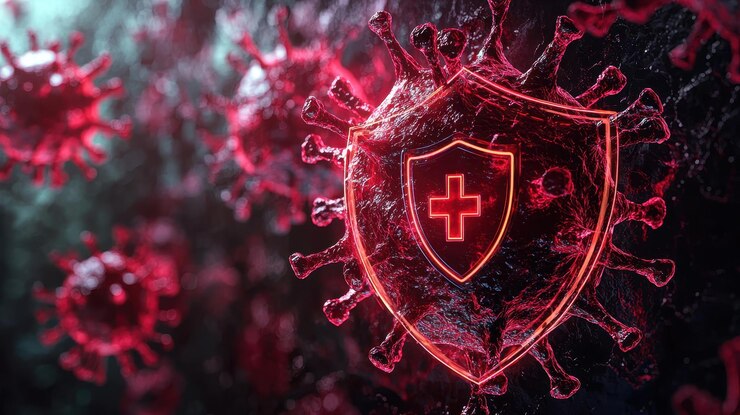 Ilustración digital de un escudo que simboliza la protección contra los virus rodeado de partículas de virus La imagen transmite una sensación de seguridad y conciencia de salud