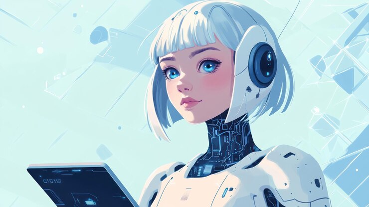 Una ilustración digital estilizada de una joven robótica futurista con cabello blanco y una apariencia robótica sosteniendo una tableta frente a ella