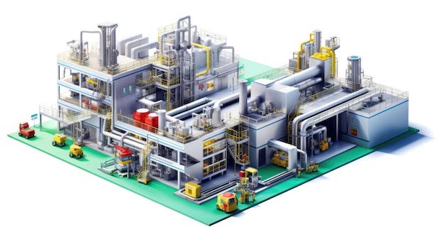 una ilustración digital de una fábrica con una superficie verde.