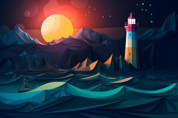 Una ilustración digital de un faro en las montañas.