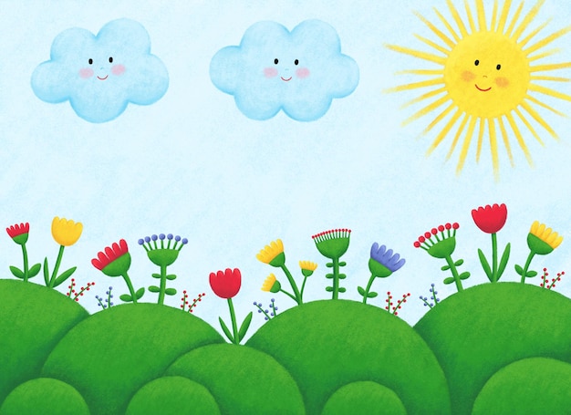 Ilustración digital de flores en el prado y nubes de sol en el cielo azul