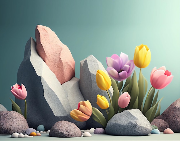 Una ilustración digital de flores y rocas con un fondo azul.