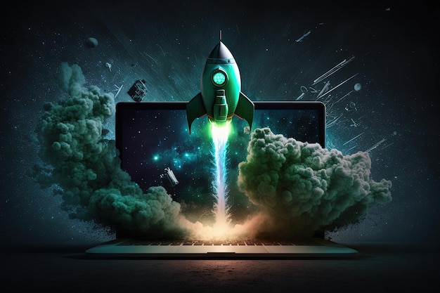 Ilustración digital de fondo de cohete y computadora portátil con luz de neón verde IA generativa