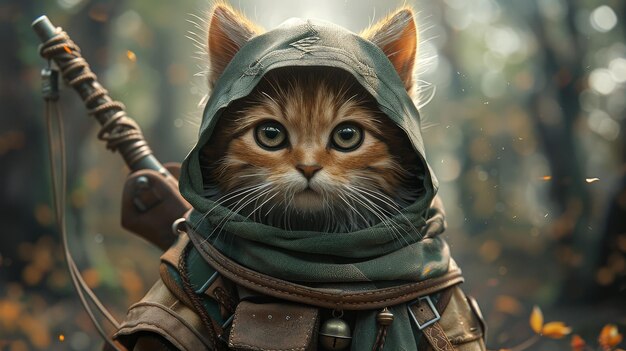 Foto ilustración digital de un gatito de guardabosques de fantasía