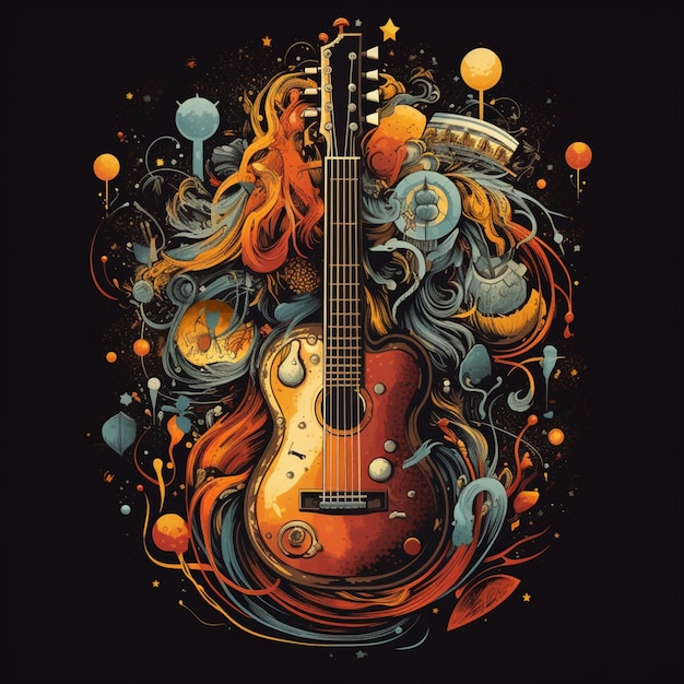 Una ilustración digital de una guitarra con la cabeza roja y la cola azul.