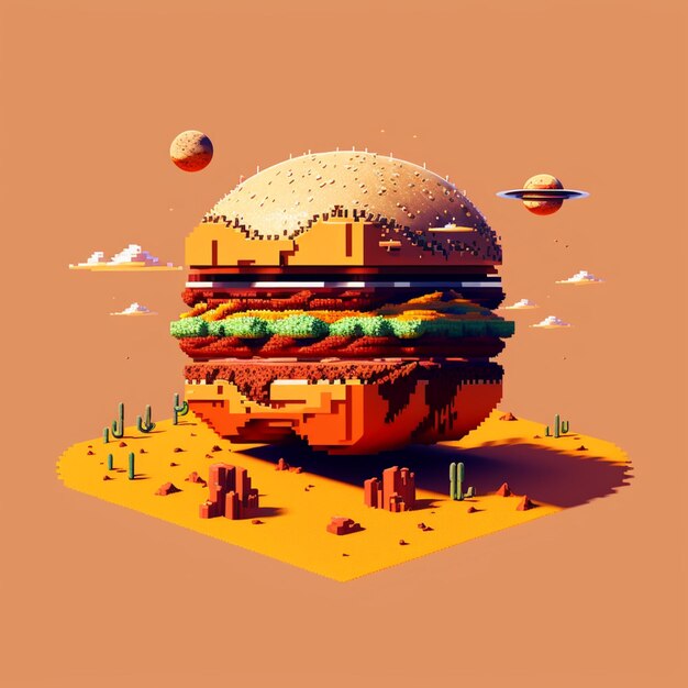 Una ilustración digital de una hamburguesa en un paisaje desértico.