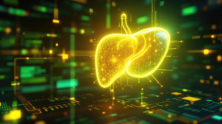 Foto ilustración digital de un hígado brillante rodeado de tecnología avanzada y gráficos vibrantes en un entorno futurista ia generativa