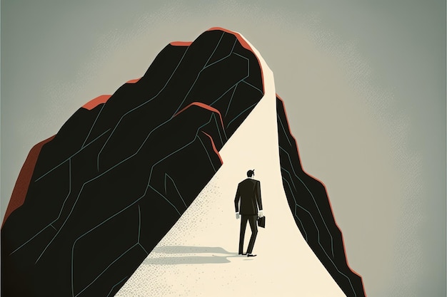 Ilustración digital de hombre de negocios, hombre con traje escalando montaña. IA generativa