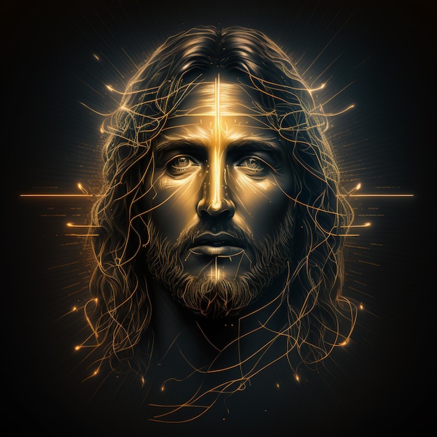 Una ilustración digital de Jesús con líneas doradas y negras.