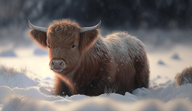 Ilustración digital de un joven Highlander Highland Becerro en un campo en la nieve IA generativa