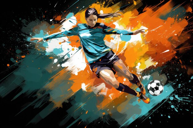 Foto ilustración digital de un jugador de fútbol pateando la pelota contra un fondo grunge ilustración abstracta expresiva de una jugadora de fútbol femenina en acción generada por ia