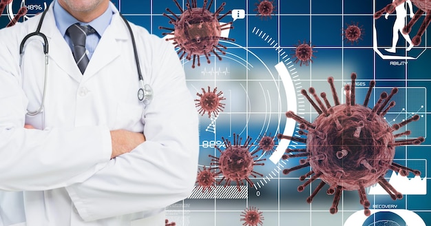 Ilustración digital de un médico de pie, cruzando los brazos sobre células macrocoronavirus flotantes, procesamiento de datos, estadísticas que se muestran en segundo plano. medicina salud pública pandemia covid 19.