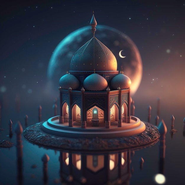 Una ilustración digital de una mezquita con una cúpula y una luna al fondo.