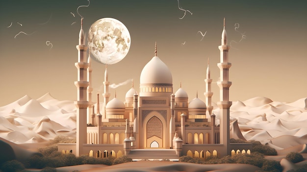 Una ilustración digital de una mezquita en el desierto con la luna al fondo.