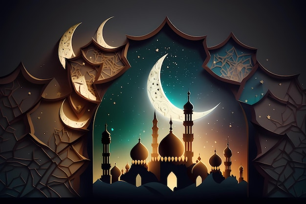 Una ilustración digital de una mezquita con una luna creciente al fondo.