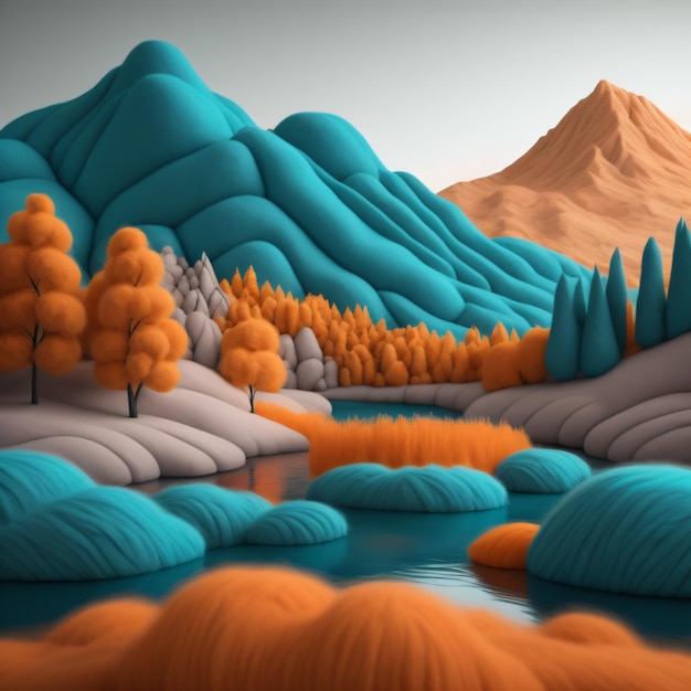 Una ilustración digital de una montaña con árboles y montañas en el fondo.