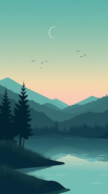 una ilustración digital de montañas y una puesta de sol con pájaros volando arriba.