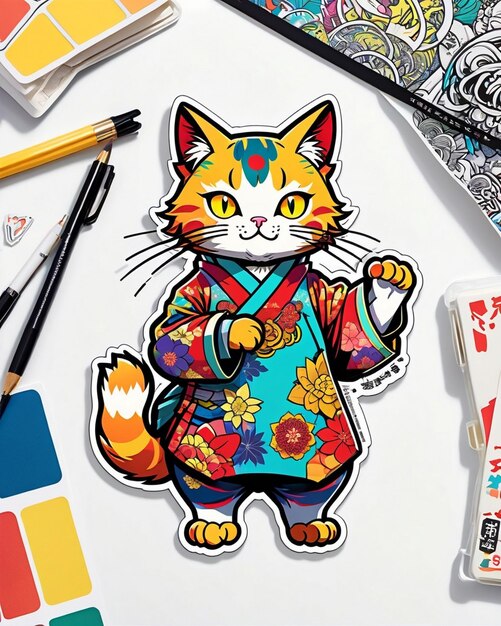 Foto una ilustración digital muy vibrante de una pegatina de gato juguetona al estilo del arte pop japonés