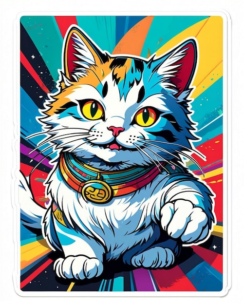 Una ilustración digital muy vibrante de una pegatina de gato juguetona al estilo del arte pop japonés