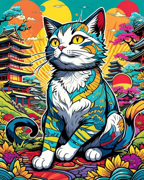 Una ilustración digital muy vibrante de una pegatina de gato lúdica en el estilo del arte pop japonés