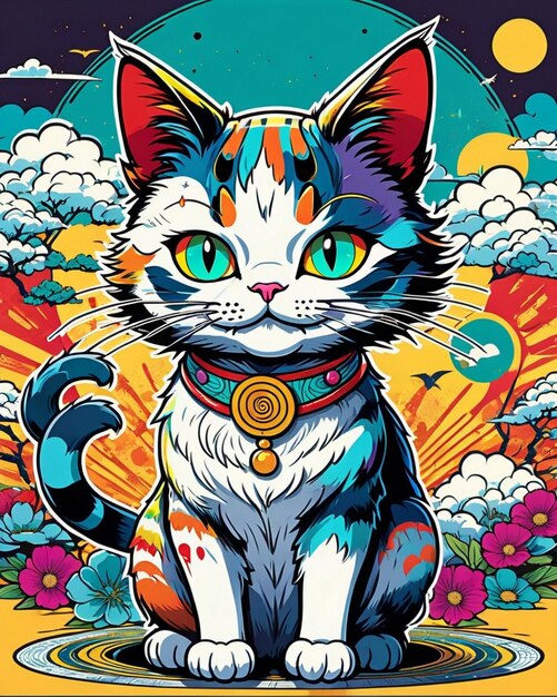 Una ilustración digital muy vibrante de una pegatina de gato lúdica en el estilo del arte pop japonés
