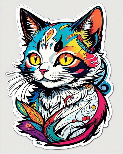 Una ilustración digital muy vibrante de una pegatina de gato lúdica en el estilo del arte pop japonés