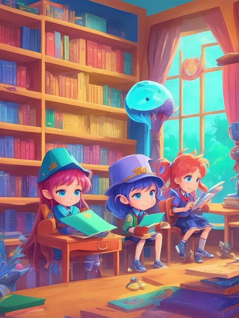 una ilustración digital de niños leyendo libros en una biblioteca.