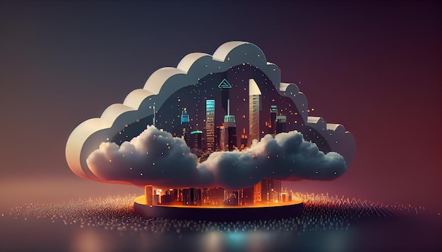 Una ilustración digital de una nube con una ciudad.