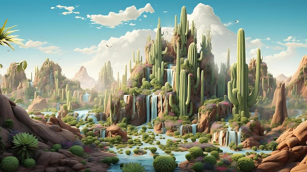 Una ilustración digital de un paisaje con una cascada y montañas al fondo.