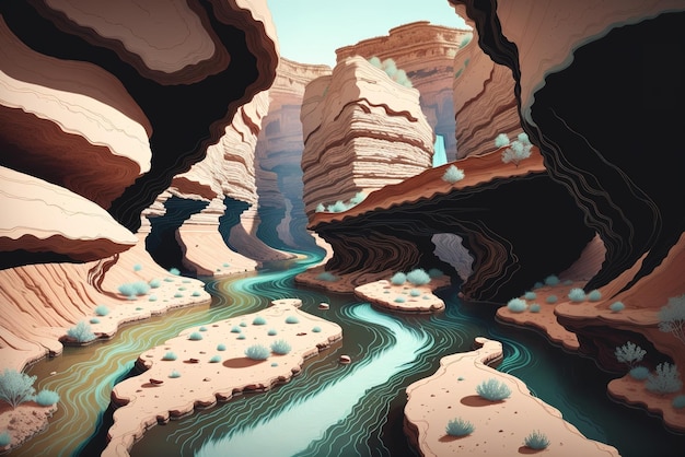 Una ilustración digital de un paisaje desértico con un río que fluye a través de él.