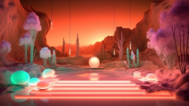 Una ilustración digital de un paisaje con un fondo rosa y naranja y un planeta brillante con una luz rosa.