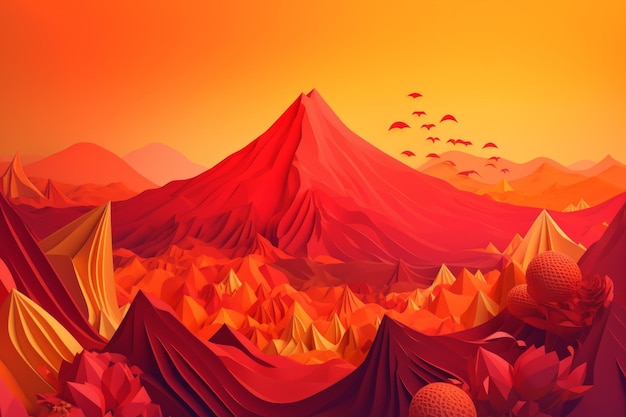 Una ilustración digital de un paisaje montañoso con una montaña roja al fondo.