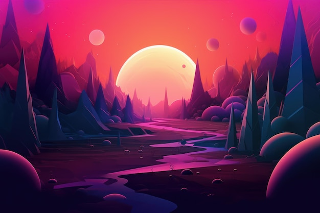 Una ilustración digital de un paisaje con un río y una puesta de sol.