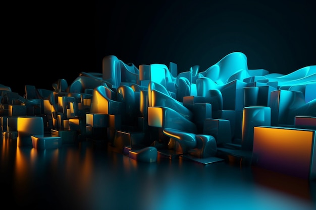 Una ilustración digital de un paisaje urbano con luz azul y amarilla.