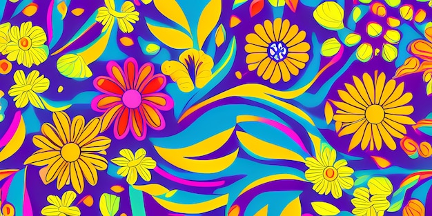 Foto ilustración digital con patrón de flores y hojas y fondo de naturaleza multicolor