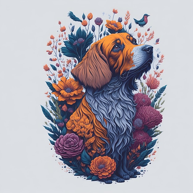 Una ilustración digital de un perro con un pájaro.