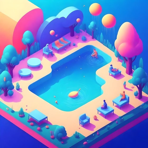 una ilustración digital de una piscina con una casa y árboles en el fondo