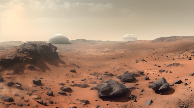 Una ilustración digital de un planeta con rocas y una roca gigante.