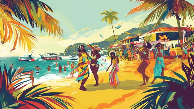 Ilustración digital de la playa de Porto Seguro y el carnaval