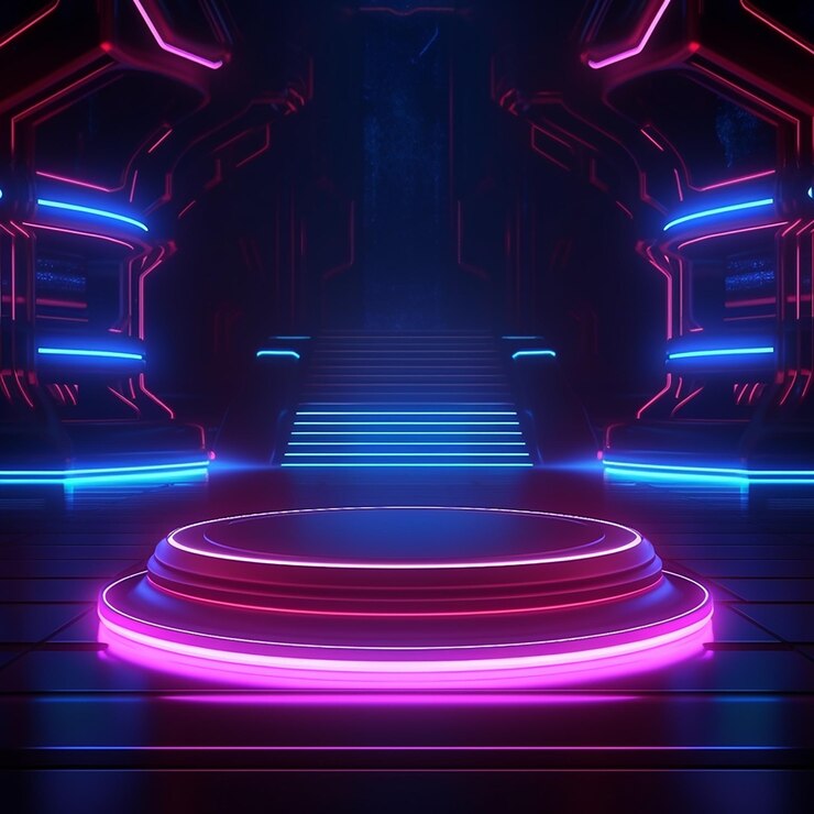Una ilustración digital de un podio con luces de neón y un diseño azul y rosa.