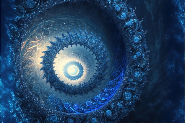 Ilustración digital de un portal en espiral azul hecho en formas asombrosas. IA generativa