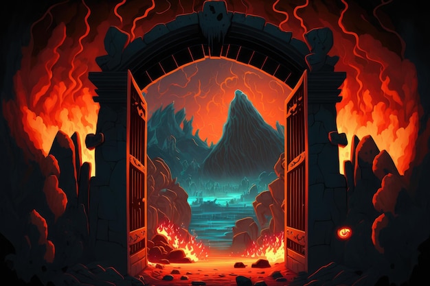 Ilustración digital de una puerta demoníaca con un río de lava