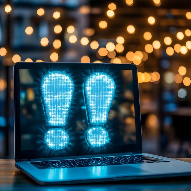 Foto ilustración digital de los puntos de exclamación en el concepto de advertencia de la computadora portátil
